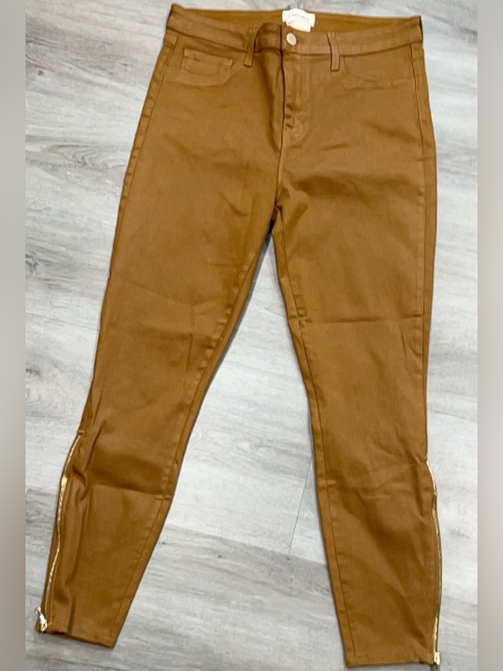 LAGENCE Sabine High Rise Dark Khaki Coated Skinny Ankle Zip Pants Women Size 30